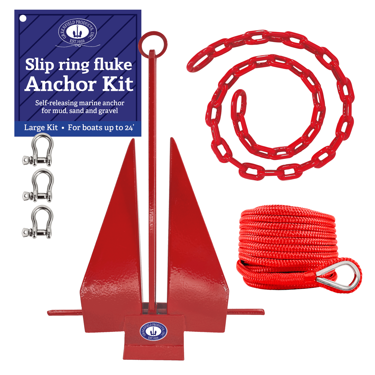 Greenfield Complete Boat Anchor Kit (Up to 16' and 24' Sizes) Comes with Fluke Anchor, Anchor Chain, Anchor Rope, Shackles. Red Coated Fluke Kit. Boat Accessories Marine