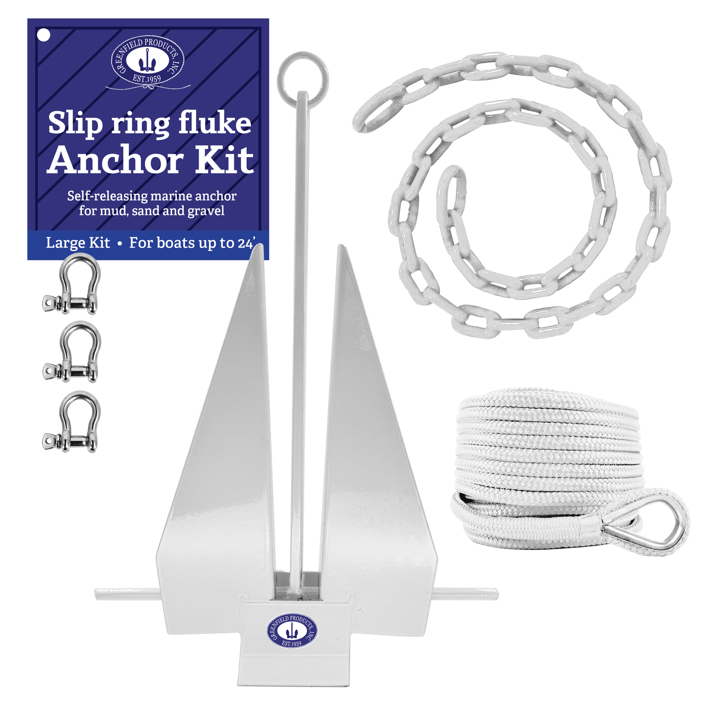 Greenfield Complete Boat Anchor Kit (Up to 16' and 24' Sizes) Comes with Fluke Anchor, Anchor Chain, Anchor Rope, Shackles. White Coated Fluke Kit. Boat Accessories Marine