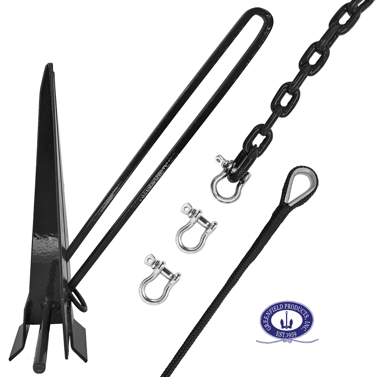 Greenfield Complete Boat Anchor Kit (Up to 16' and 24' Sizes) Comes with Fluke Anchor, Anchor Chain, Anchor Rope, Shackles. Black Coated Fluke Kit. Boat Accessories Marine