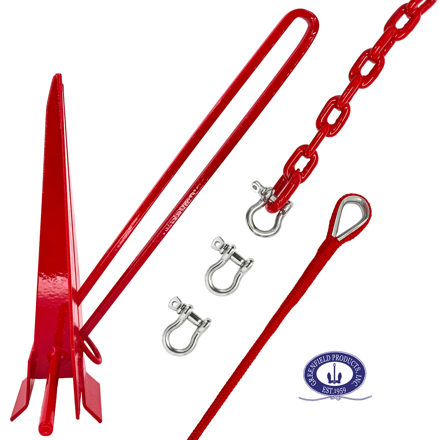 Greenfield Complete Boat Anchor Kit (Up to 16' and 24' Sizes) Comes with Fluke Anchor, Anchor Chain, Anchor Rope, Shackles. Red Coated Fluke Kit. Boat Accessories Marine