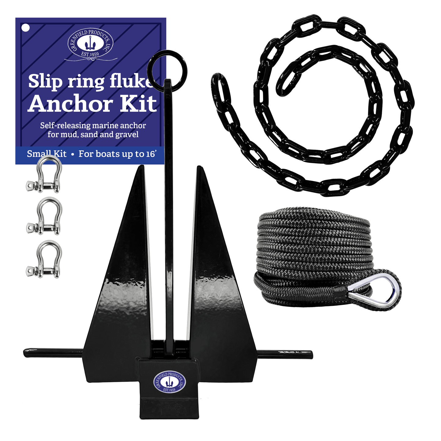 Greenfield Complete Boat Anchor Kit (Up to 16' and 24' Sizes) Comes with Fluke Anchor, Anchor Chain, Anchor Rope, Shackles. Black Coated Fluke Kit. Boat Accessories Marine