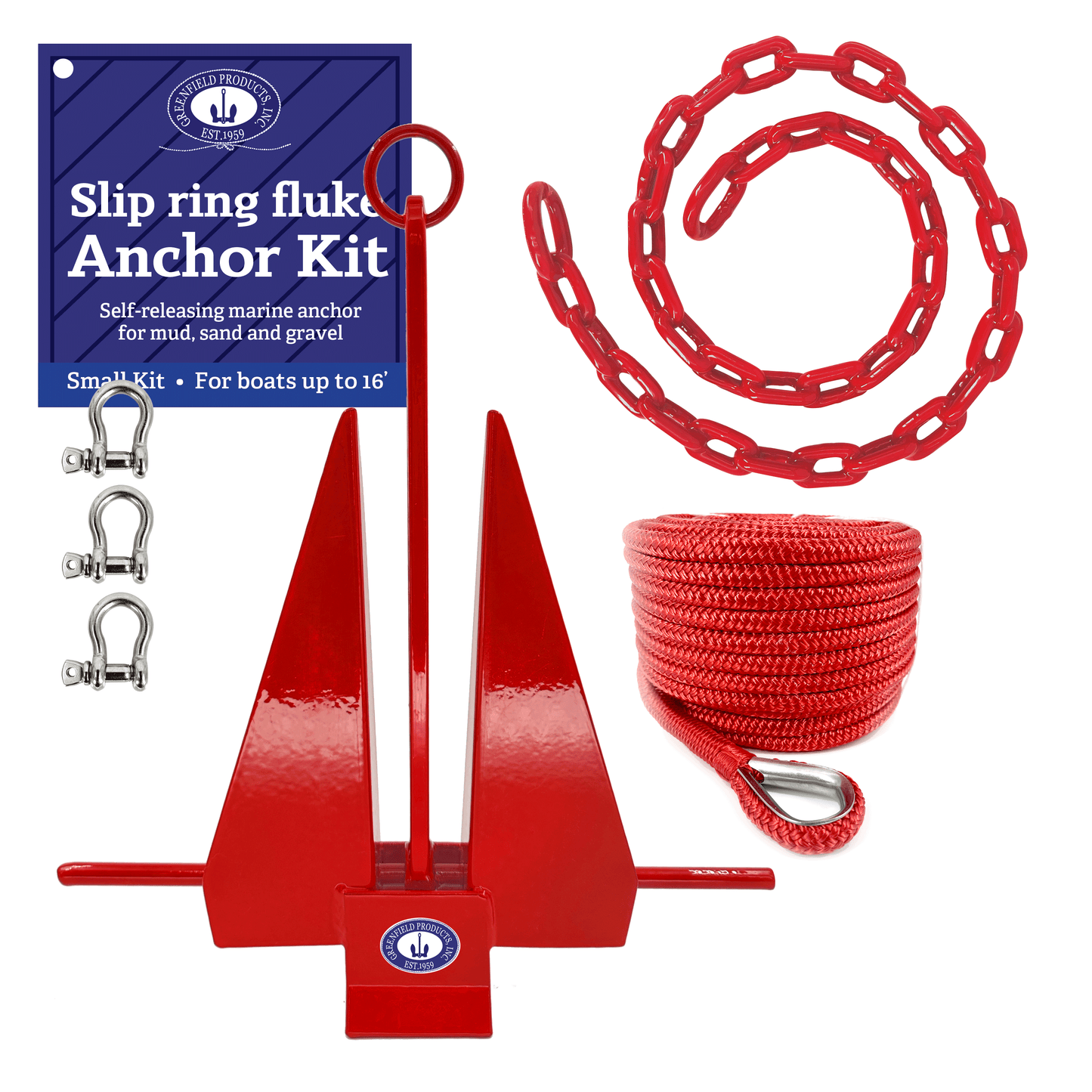 Greenfield Complete Boat Anchor Kit (Up to 16' and 24' Sizes) Comes with Fluke Anchor, Anchor Chain, Anchor Rope, Shackles. Red Coated Fluke Kit. Boat Accessories Marine