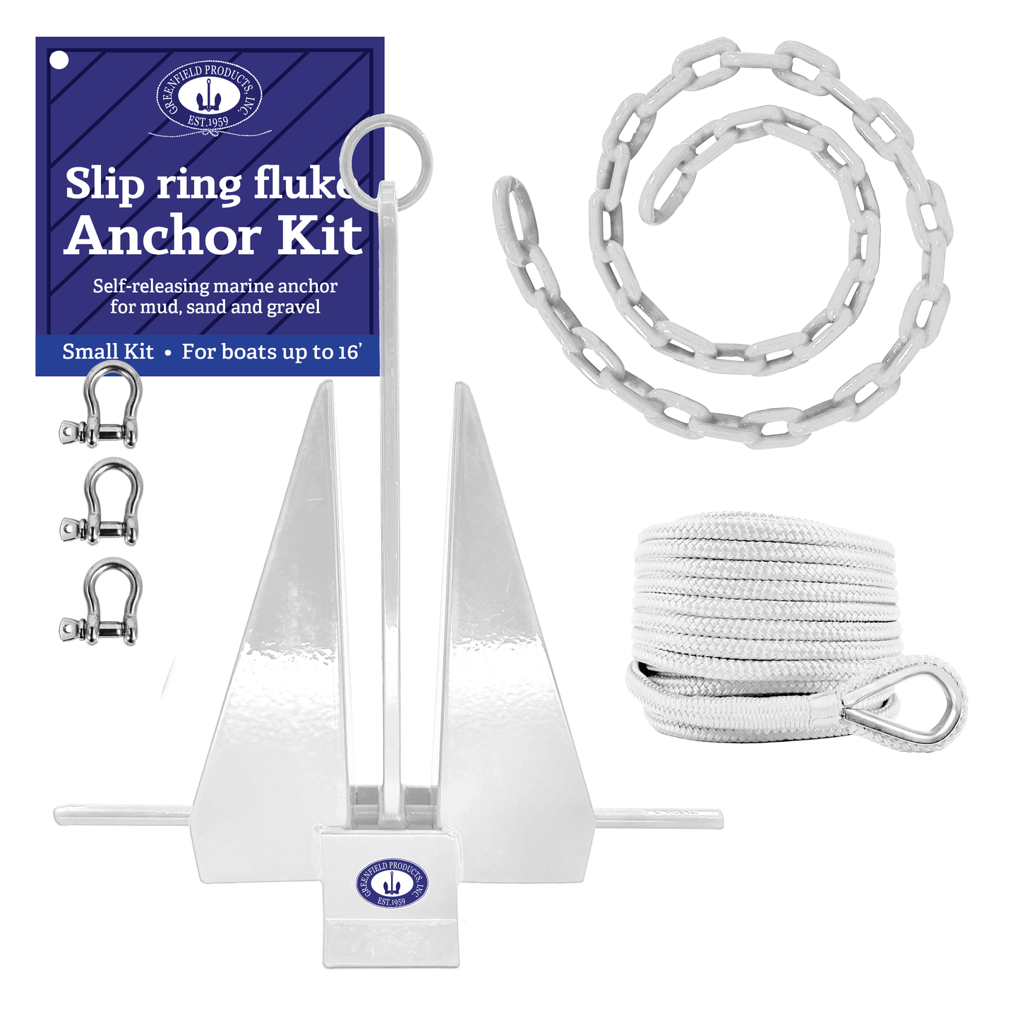 Greenfield Complete Boat Anchor Kit (Up to 16' and 24' Sizes) Comes with Fluke Anchor, Anchor Chain, Anchor Rope, Shackles. White Coated Fluke Kit. Boat Accessories Marine