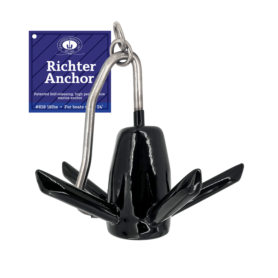 Coated 18 lb Richter anchor shown with its product placard