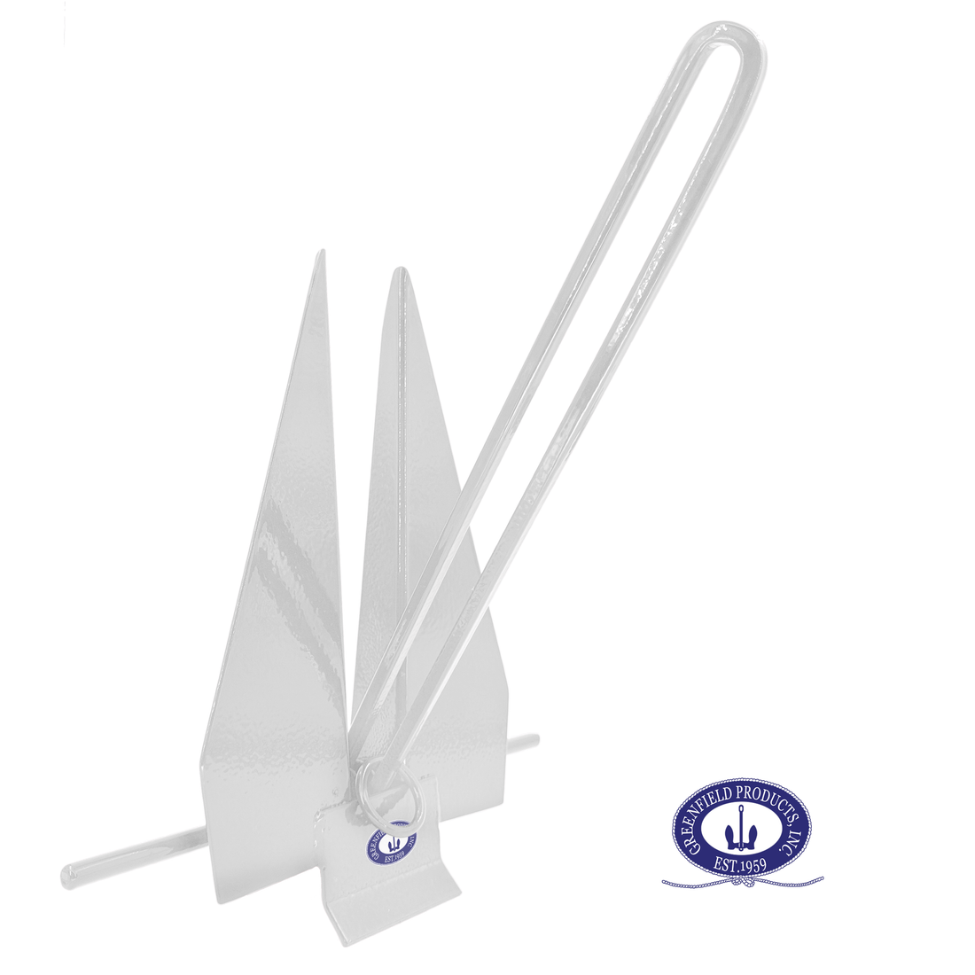 White 11 lb slip-ring fluke anchor, three-quarter front view showing the twin-rail shank, sliding ring, and steel flukes.