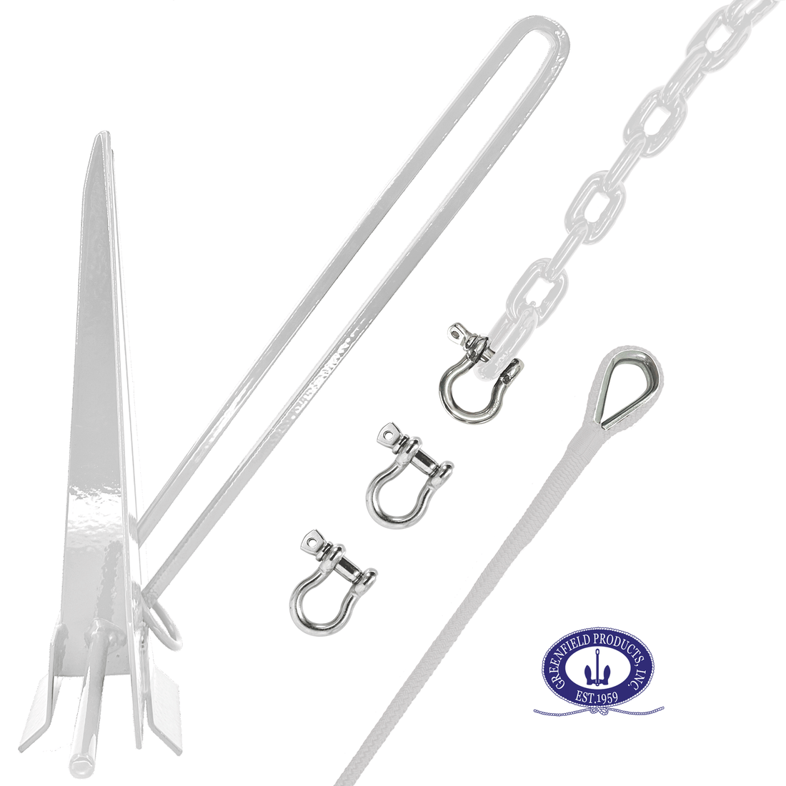 Fluke anchor kit components laid out flat: coated slip-ring fluke anchor, coiled coated chain with shackle attached, anchor line with a thimble eye, and loose shackles