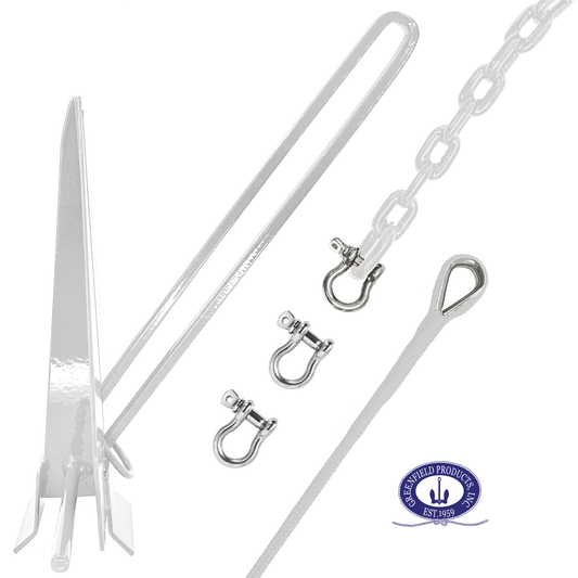 Fluke anchor kit components laid out flat: coated slip-ring fluke anchor, coiled coated chain with shackle attached, anchor line with a thimble eye, and loose shackles
