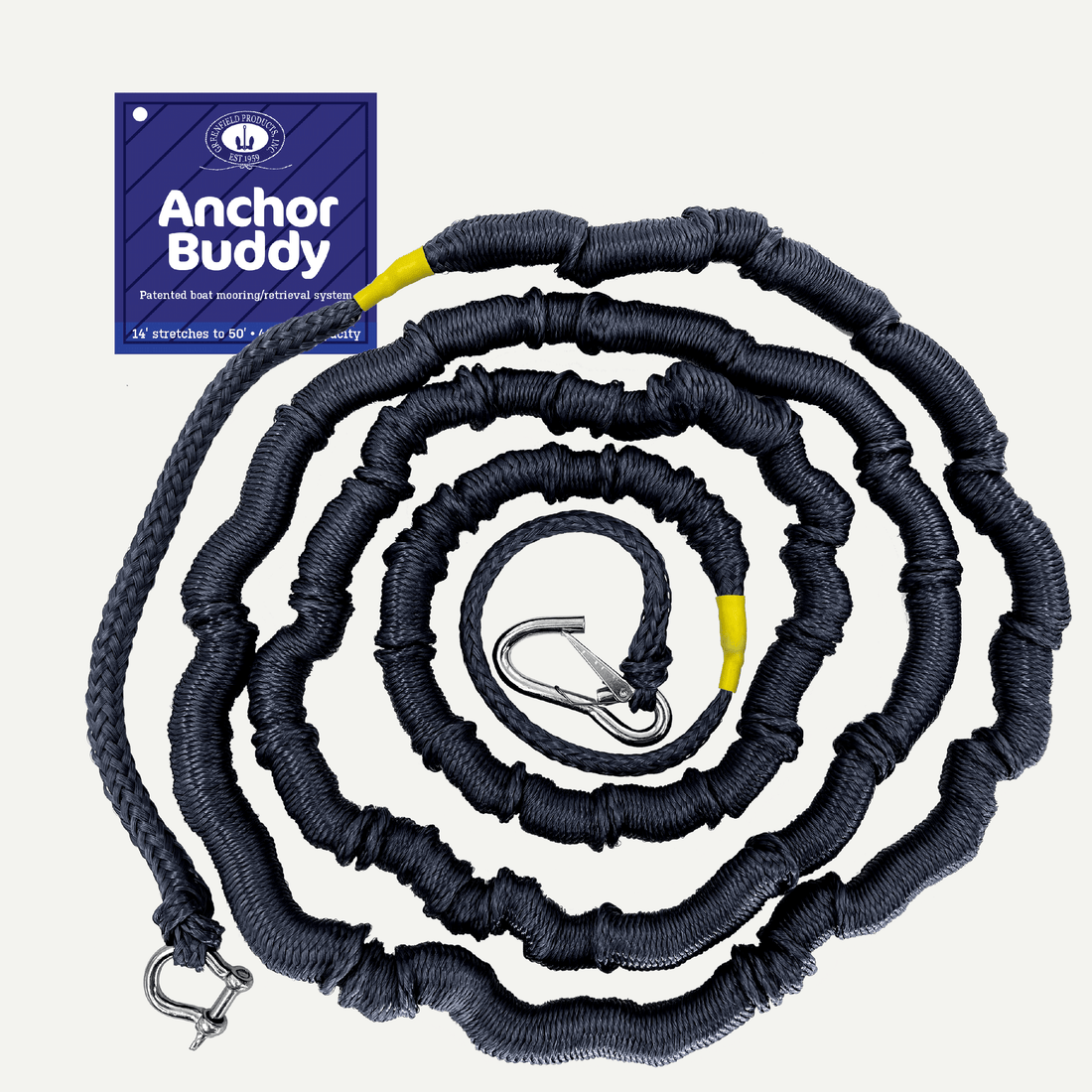 Coiled black Anchor Buddy stretch anchor line with product placard