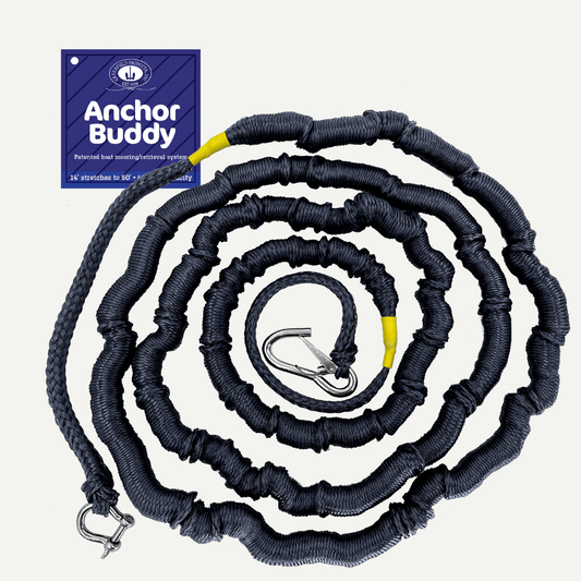 Coiled black Anchor Buddy stretch anchor line with product placard