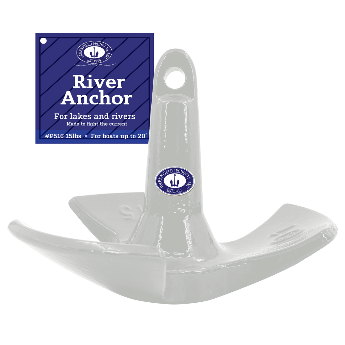 White coated 15 lb river anchor with three broad cast flukes