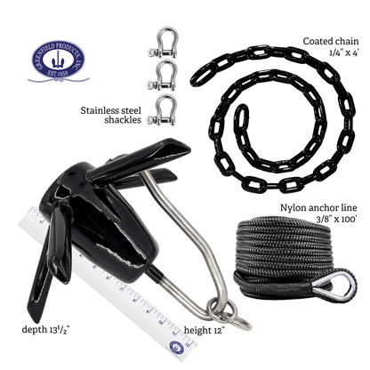 Greenfield Richter Boat Anchor Kit, Professional, Includes USA Spike River Anchor, 100' Anchor Rope, and Coated Anchor Chain. for Rivers, Lakes, Sand, Mud, and More