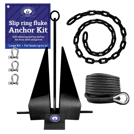 Greenfield Complete Boat Anchor Kit (Up to 16' and 24' Sizes) Comes with Fluke Anchor, Anchor Chain, Anchor Rope, Shackles. Black Coated Fluke Kit. Boat Accessories Marine