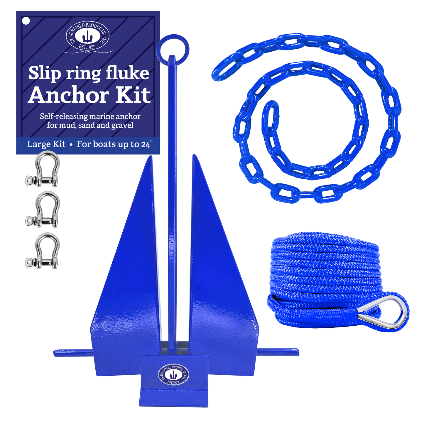 Greenfield Complete Boat Anchor Kit (Up to 16' and 24' Sizes) Comes with Fluke Anchor, Anchor Chain, Anchor Rope, Shackles. Royal Blue Coated Fluke Kit. Boat Accessories Marine (Copy) (Copy)