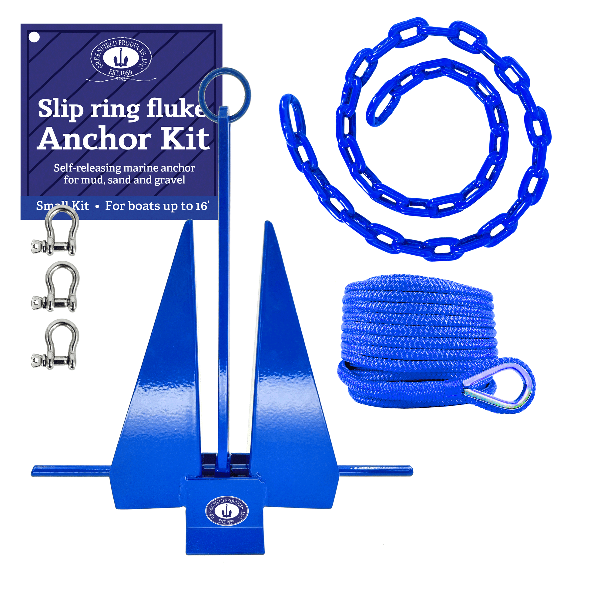 Greenfield complete fluke anchor kit in royal blue: coated fluke anchor, coated chain, anchor line, and shackles