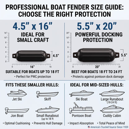 Greenfield boat fender size guide: 4.5 in x 16 in and 5.5 in x 20 in - Black
