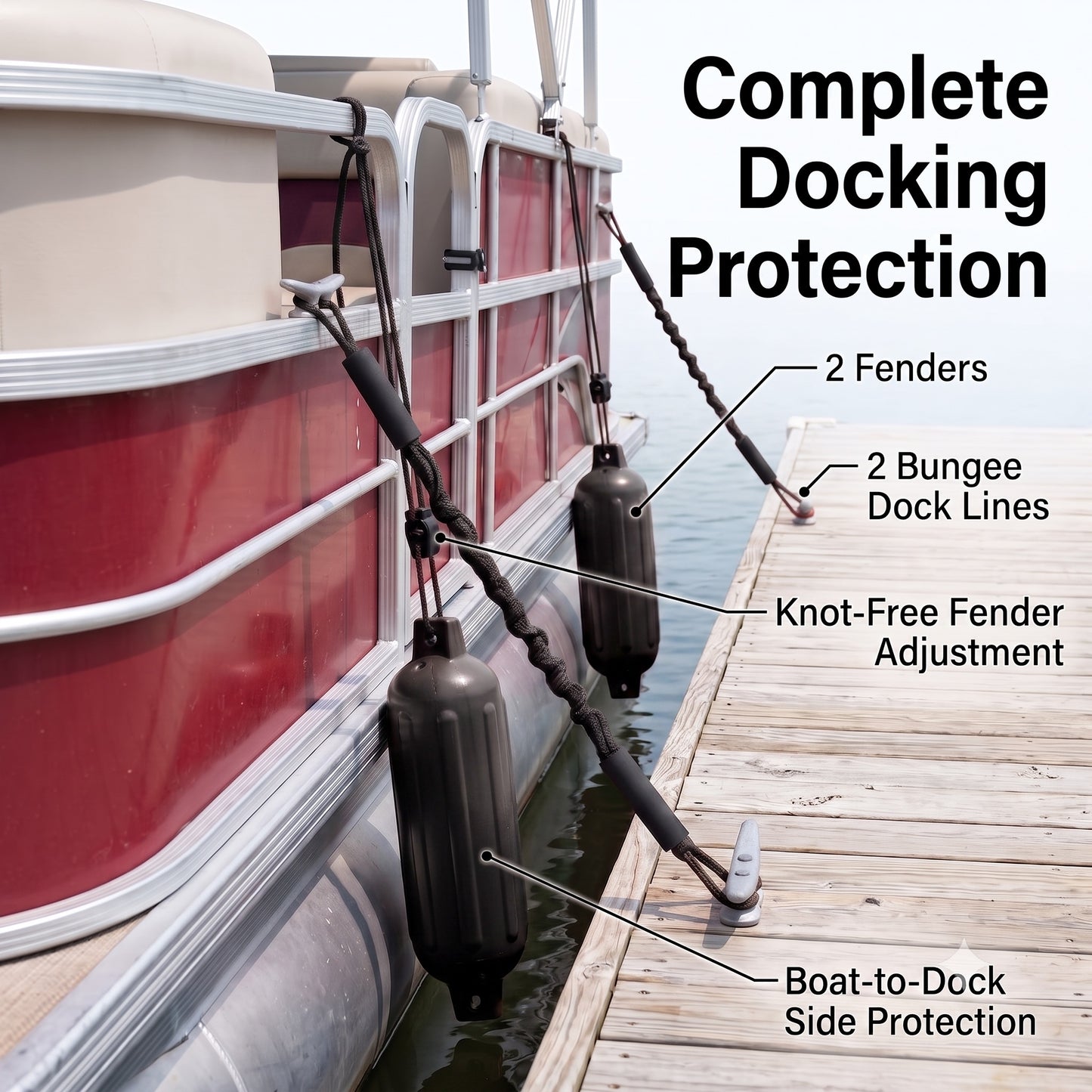 Greenfield Dock Kit fenders and bungee dock lines in use at a dock - Black