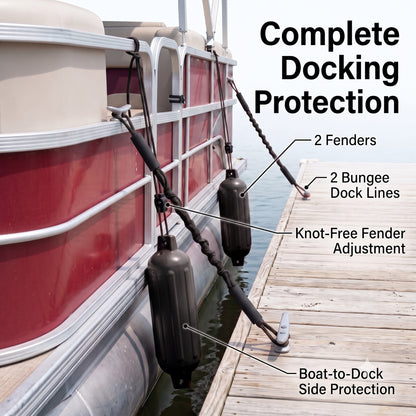 Greenfield Dock Kit fenders and bungee dock lines in use at a dock - Black