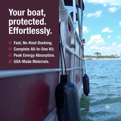 Greenfield Dock Kit fenders and bungee dock lines in use at a dock - Black