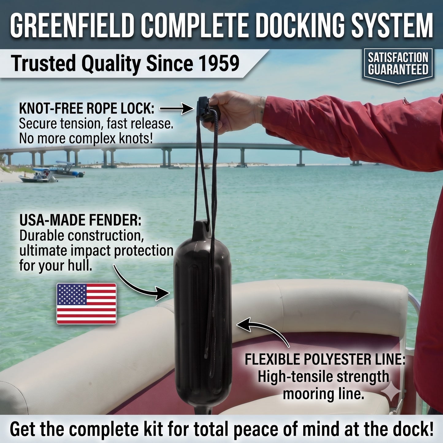 Greenfield Dock Kit fenders and bungee dock lines in use at a dock - Black