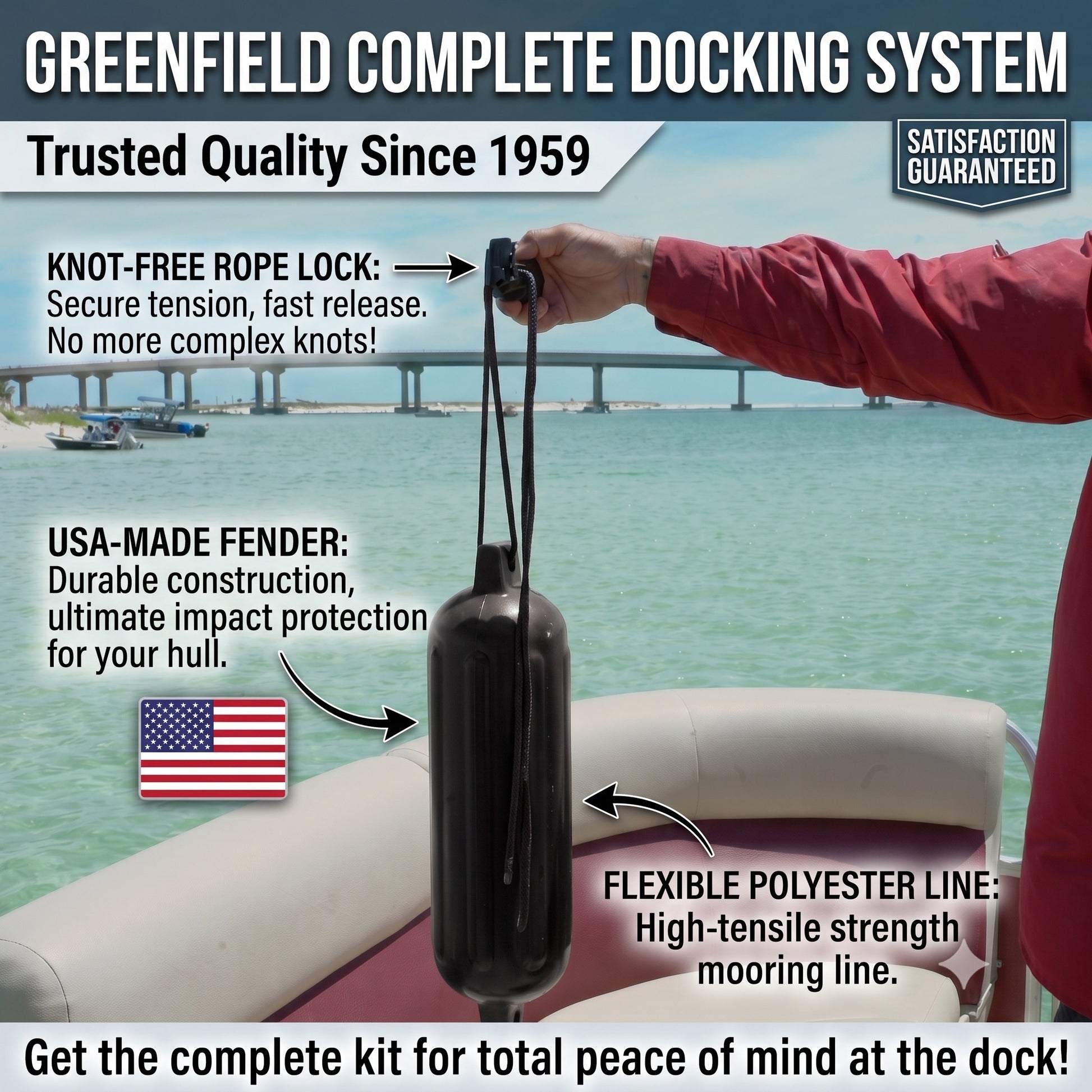 Greenfield boat fender dock kit: two ribbed PVC boat fenders, two nylon fender lines, two Dock Buddy bungee dock lines with foam grips, and two black Rope Lock clamps.