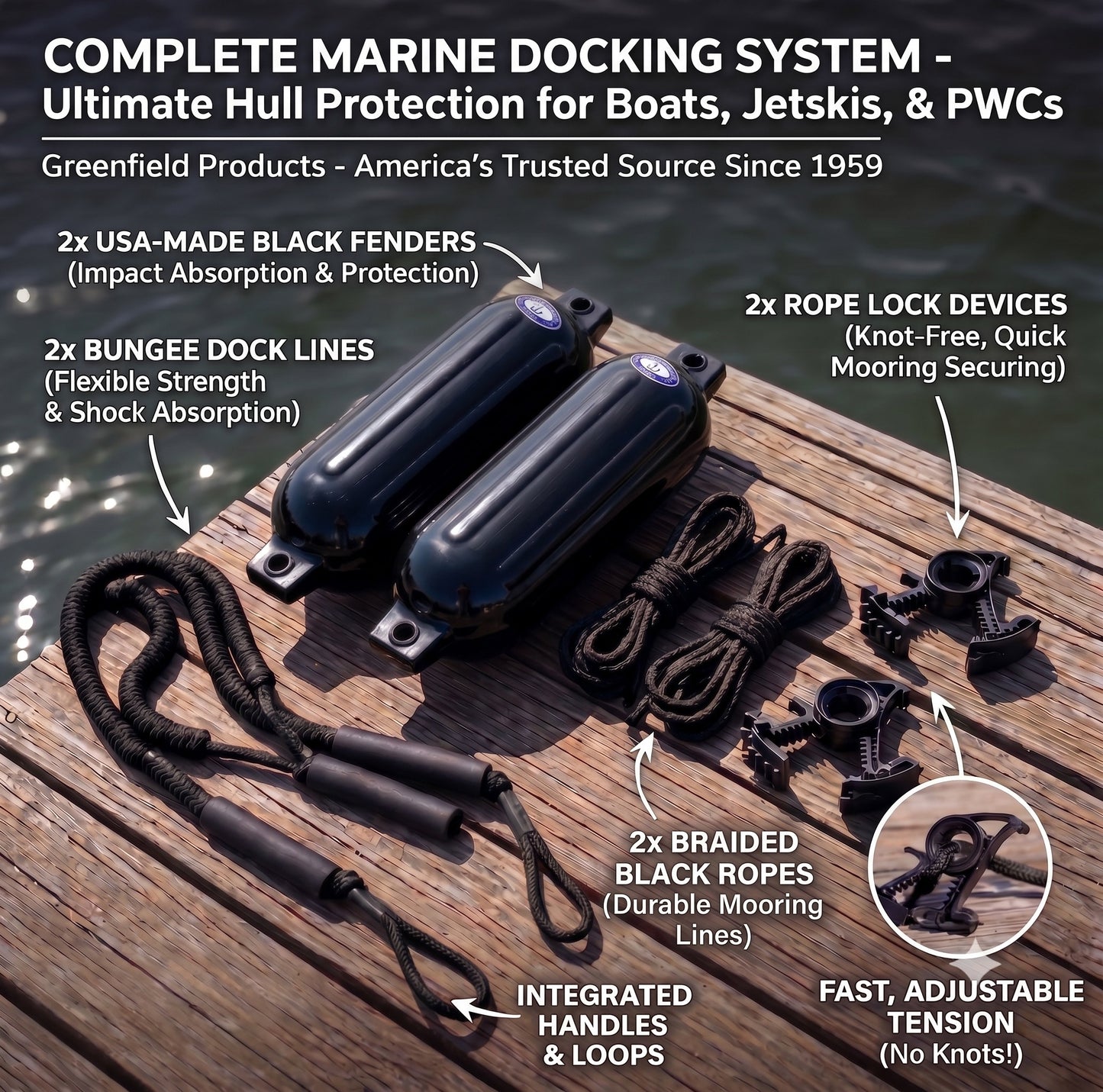 Greenfield Dock Kit fenders and bungee dock lines in use at a dock - Black