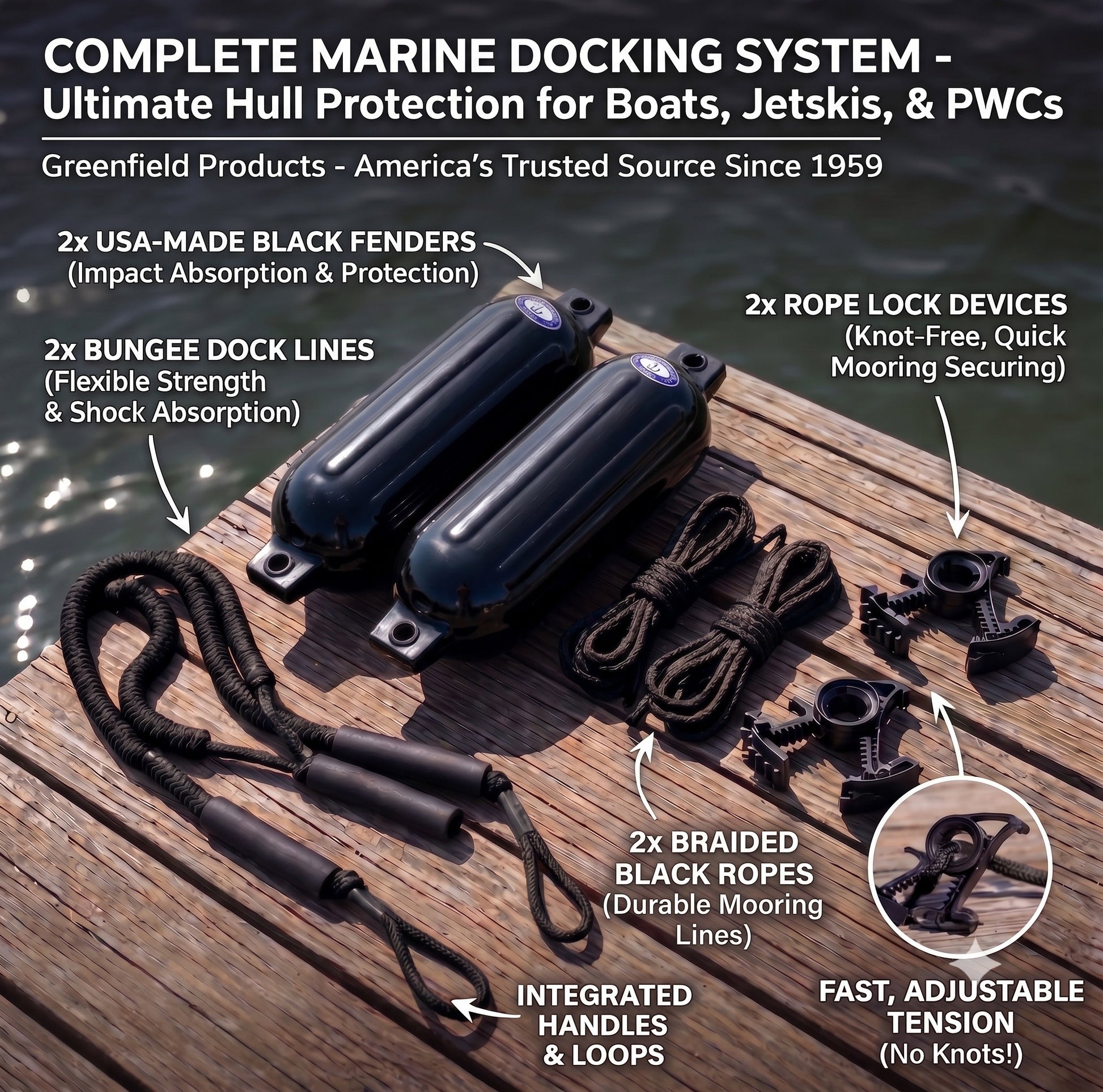 Greenfield boat fender dock kit: two ribbed PVC boat fenders, two nylon fender lines, two Dock Buddy bungee dock lines with foam grips, and two black Rope Lock clamps.
