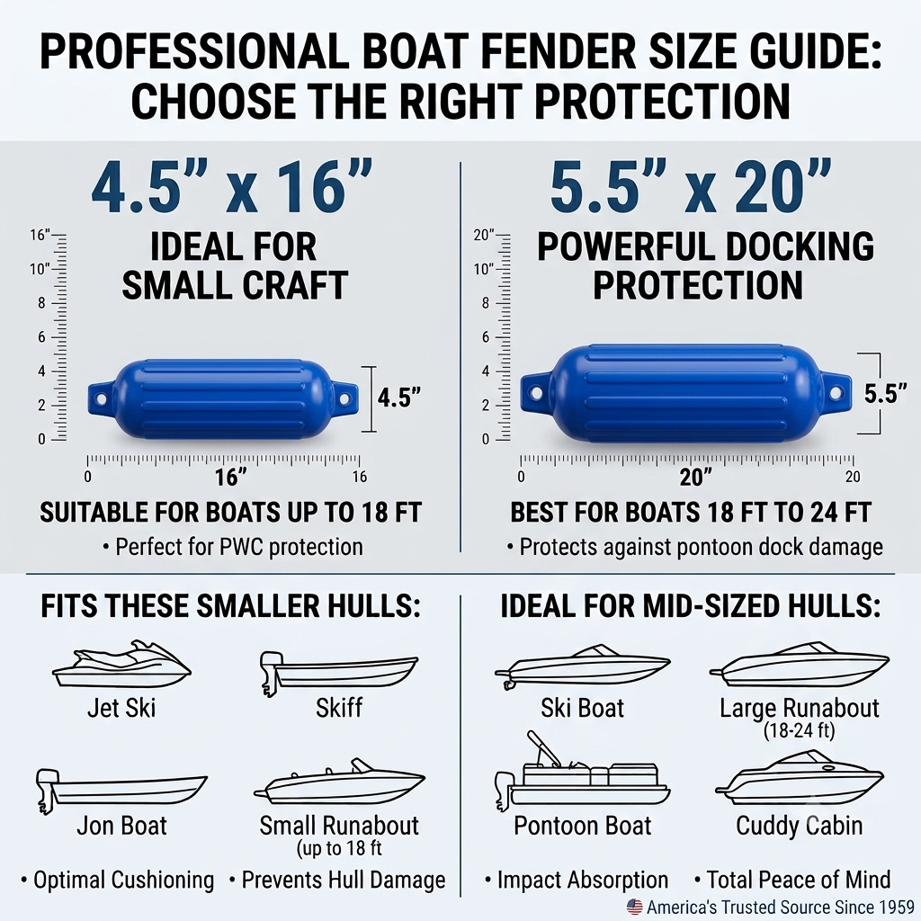 Greenfield boat fender size guide: 4.5 in x 16 in and 5.5 in x 20 in - Royal Blue