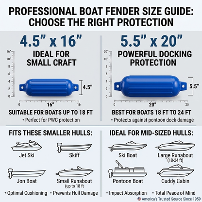 Greenfield boat fender size guide: 4.5 in x 16 in and 5.5 in x 20 in - Royal Blue
