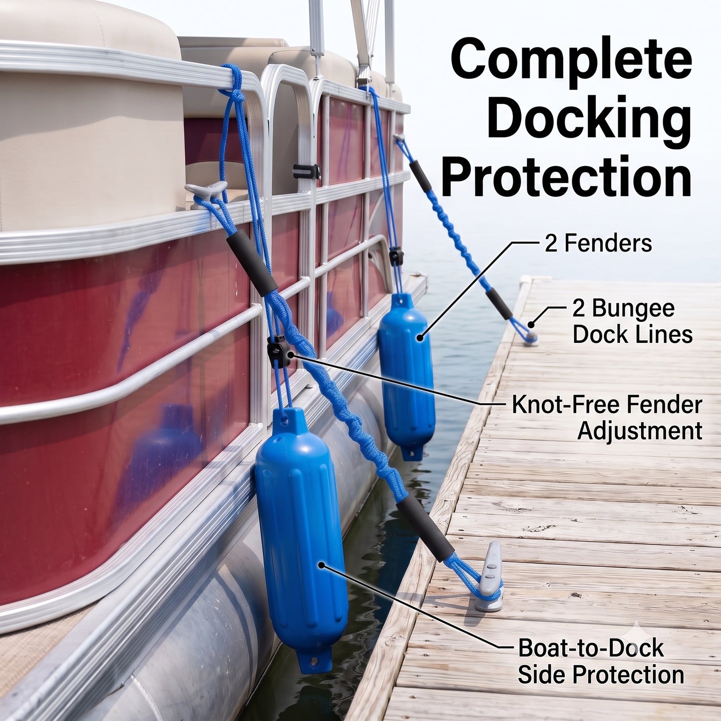 Greenfield Dock Kit fenders and bungee dock lines in use at a dock - Royal Blue