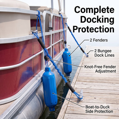 Greenfield Dock Kit fenders and bungee dock lines in use at a dock - Royal Blue