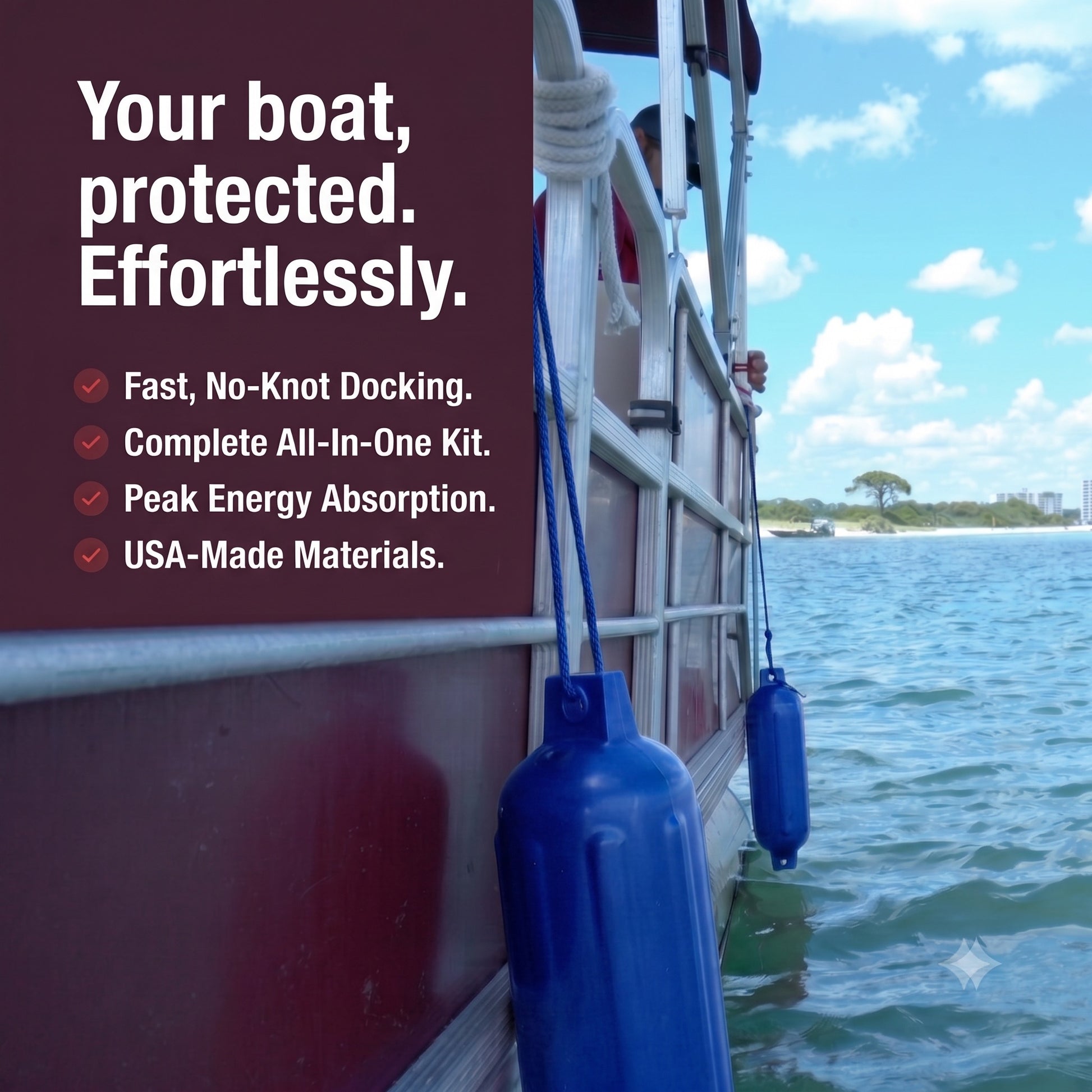 Greenfield boat fender dock kit: two ribbed PVC boat fenders, two nylon fender lines, two Dock Buddy bungee dock lines with foam grips, and two black Rope Lock clamps.