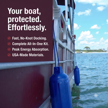 Greenfield Dock Kit fenders and bungee dock lines in use at a dock - Royal Blue