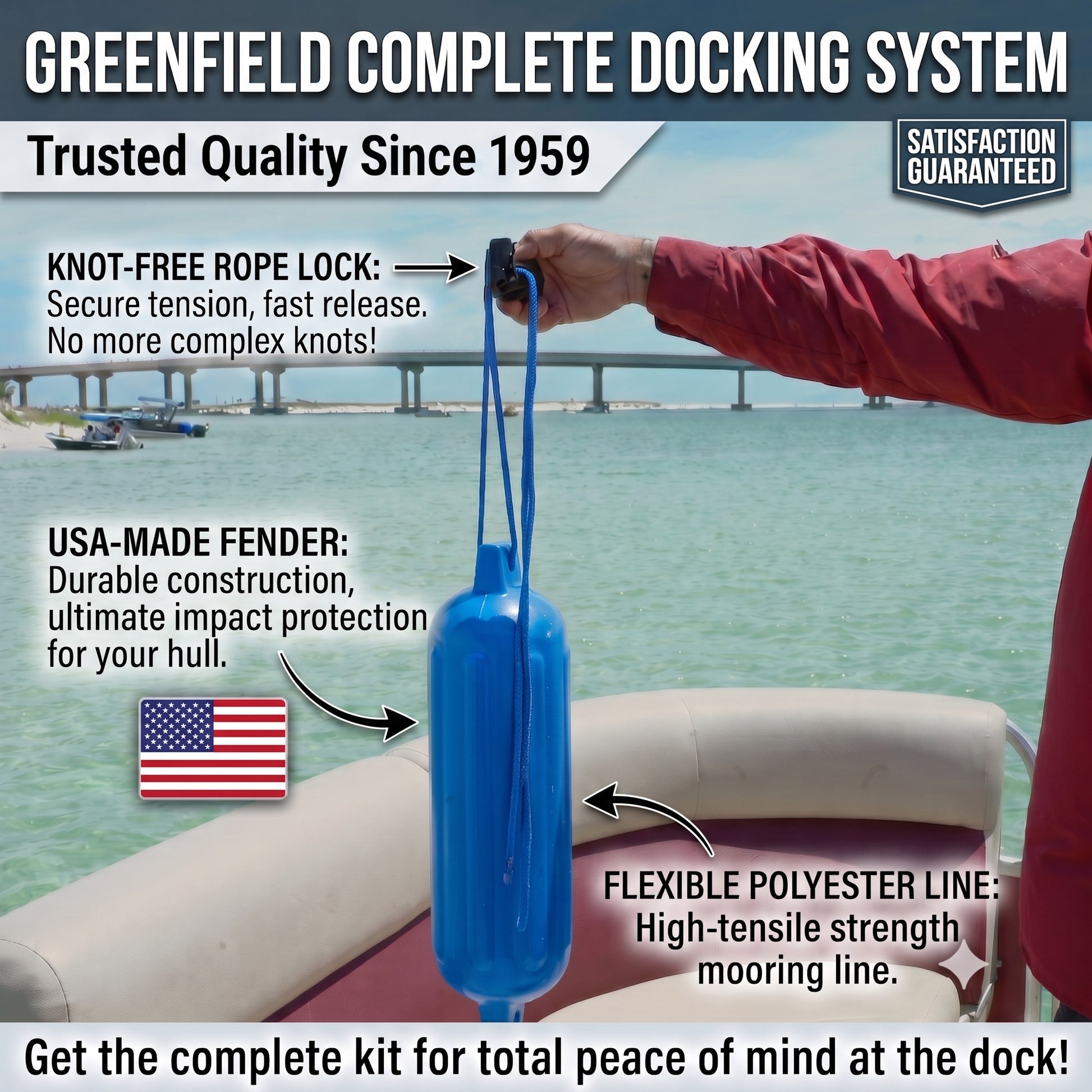 Greenfield boat fender dock kit: two ribbed PVC boat fenders, two nylon fender lines, two Dock Buddy bungee dock lines with foam grips, and two black Rope Lock clamps.