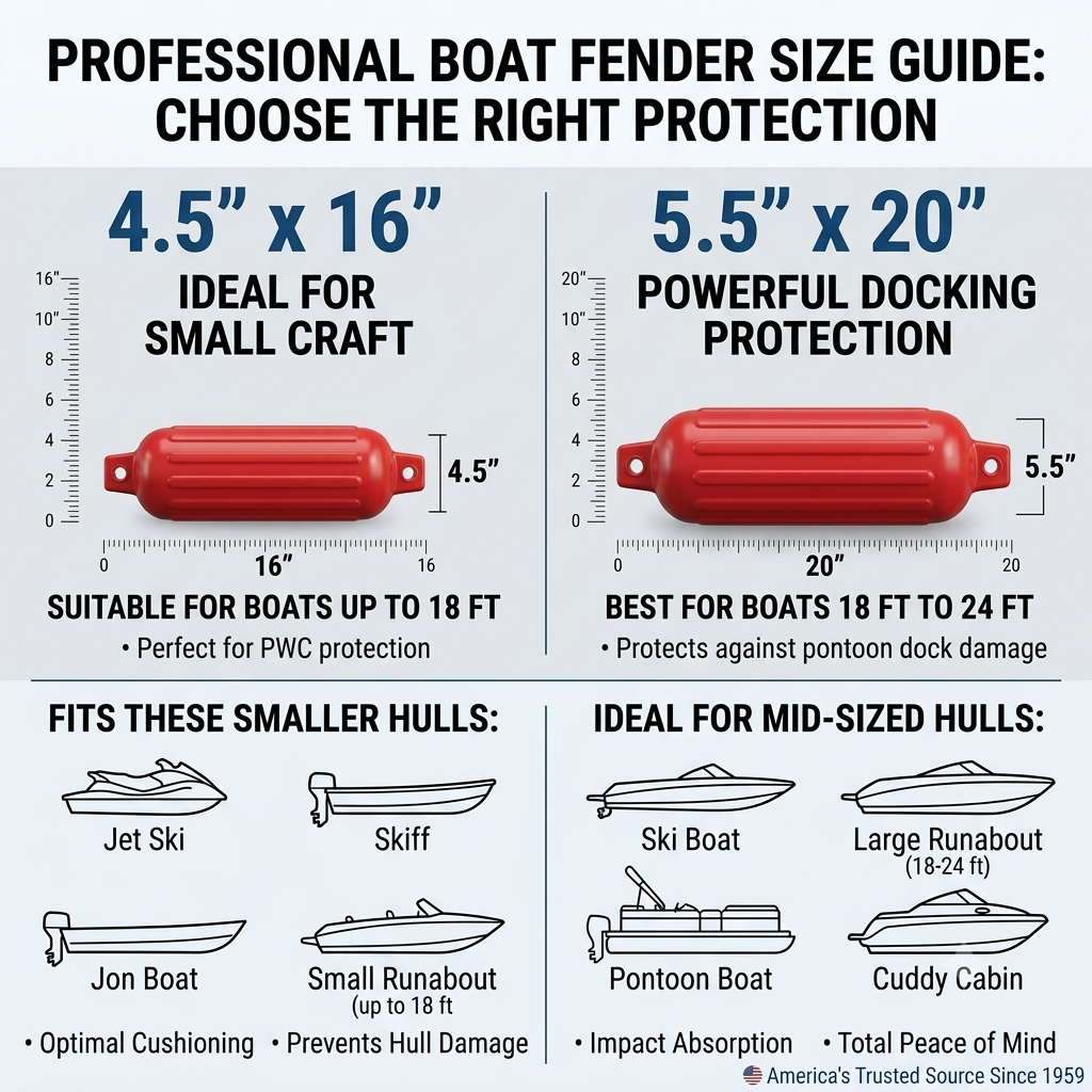 Greenfield boat fender size guide: 4.5 in x 16 in and 5.5 in x 20 in - Red