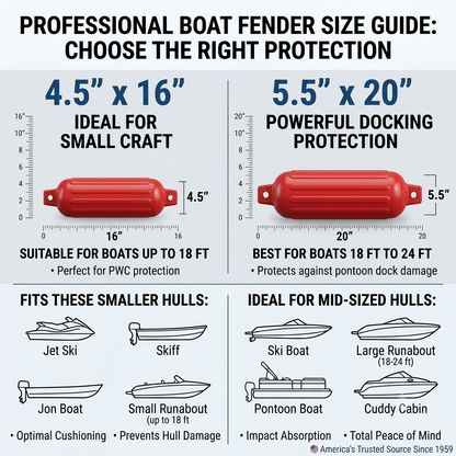 Greenfield boat fender size guide: 4.5 in x 16 in and 5.5 in x 20 in - Red