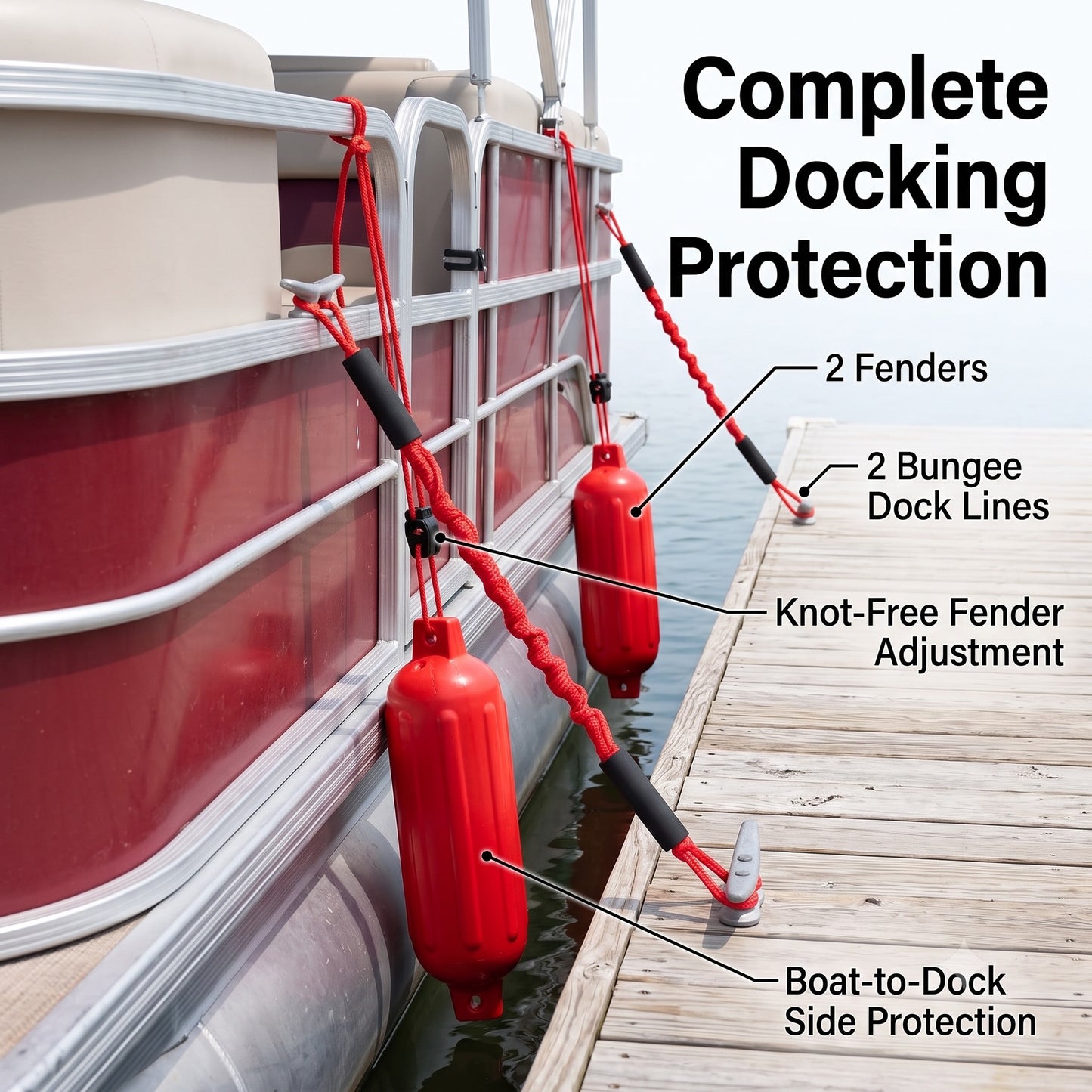 Greenfield Dock Kit fenders and bungee dock lines in use at a dock - Red