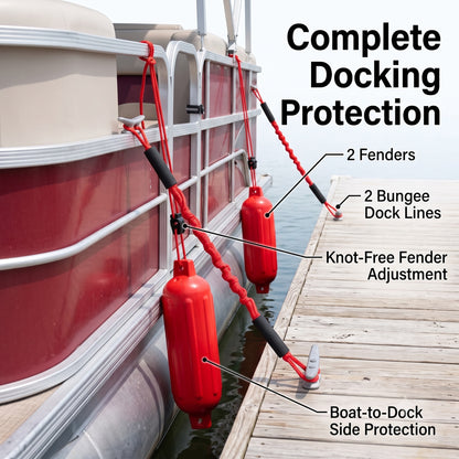 Greenfield Dock Kit fenders and bungee dock lines in use at a dock - Red