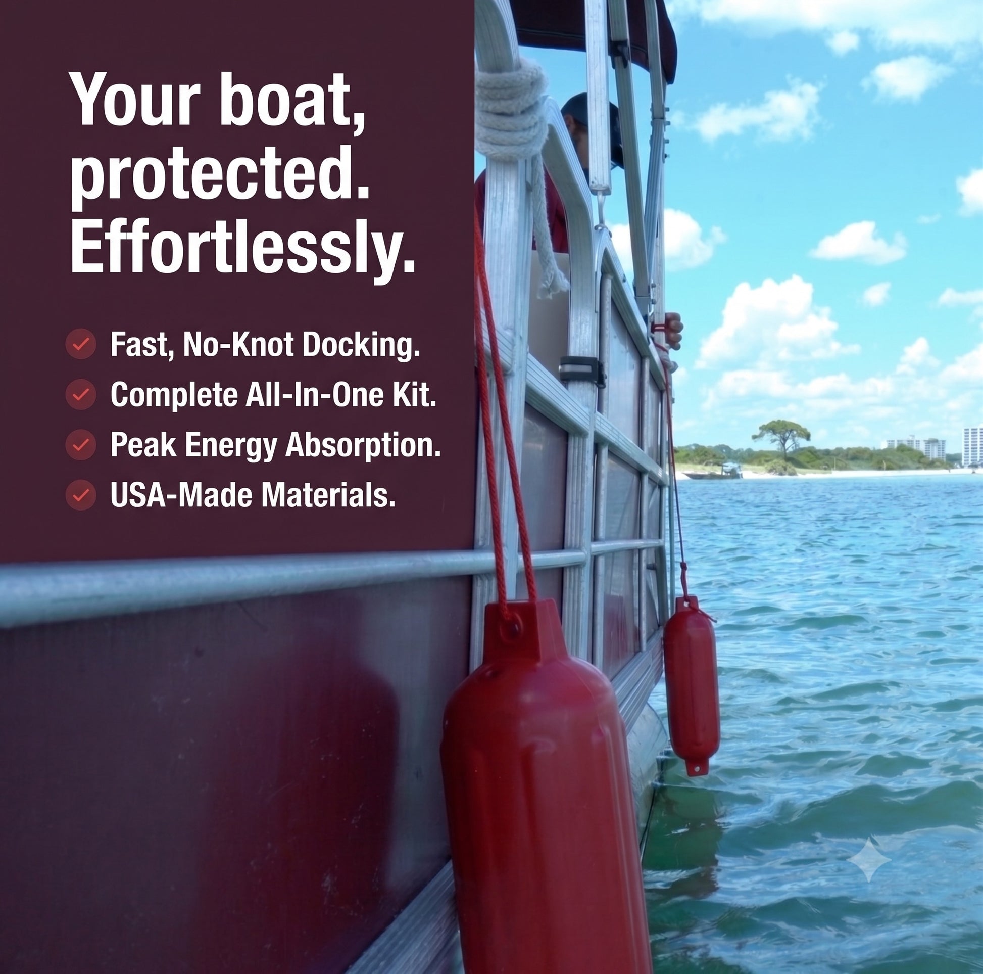 Greenfield boat fender dock kit: two ribbed PVC boat fenders, two nylon fender lines, two Dock Buddy bungee dock lines with foam grips, and two black Rope Lock clamps.
