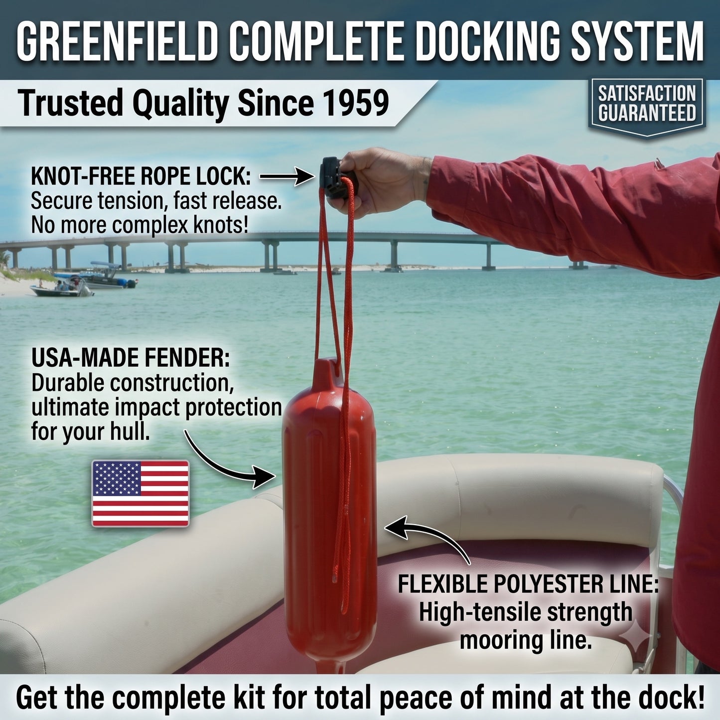 Greenfield Dock Kit fenders and bungee dock lines in use at a dock - Red