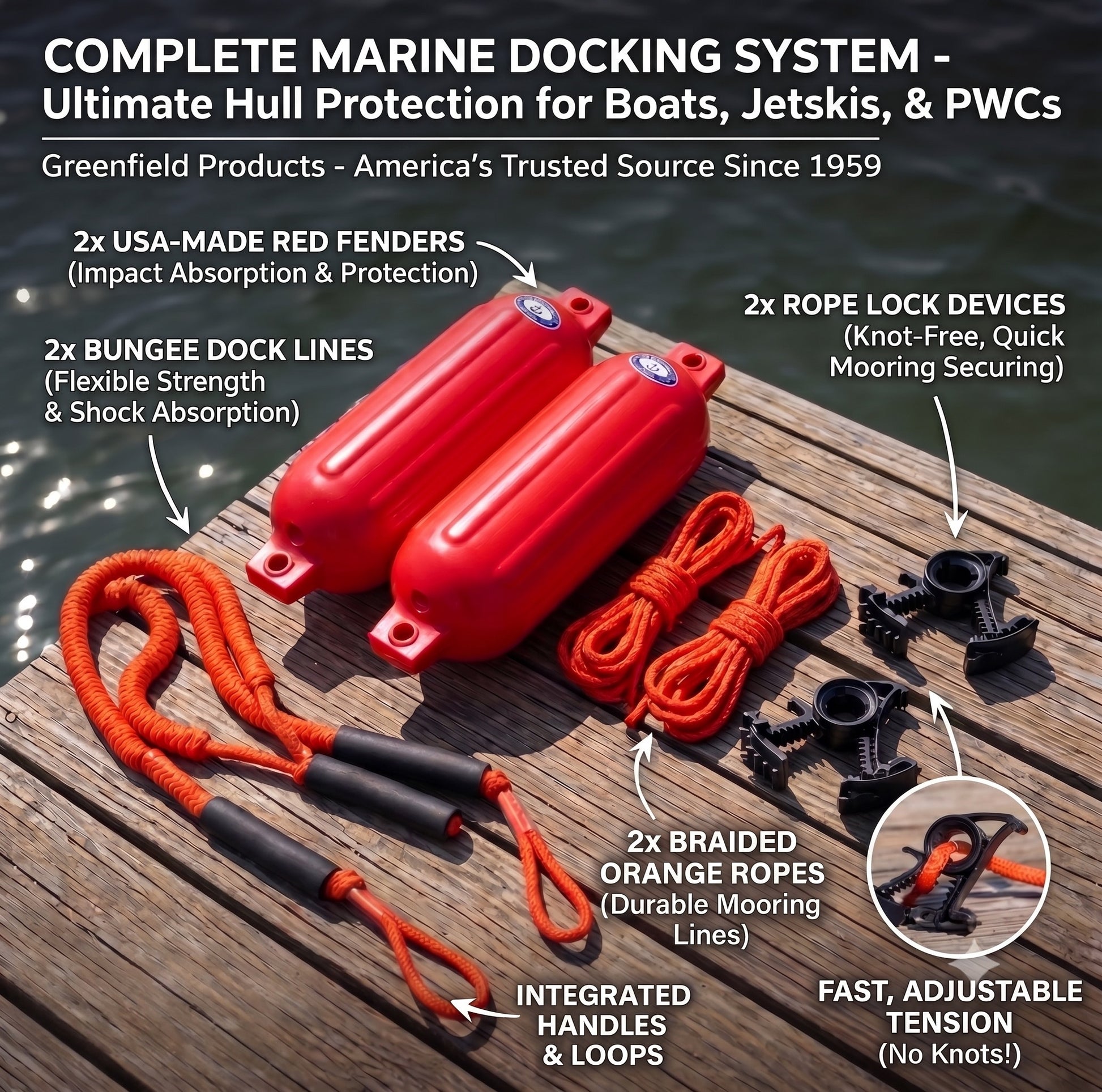 Greenfield boat fender dock kit: two ribbed PVC boat fenders, two nylon fender lines, two Dock Buddy bungee dock lines with foam grips, and two black Rope Lock clamps.