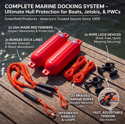 Greenfield Dock Kit fenders and bungee dock lines in use at a dock - Red