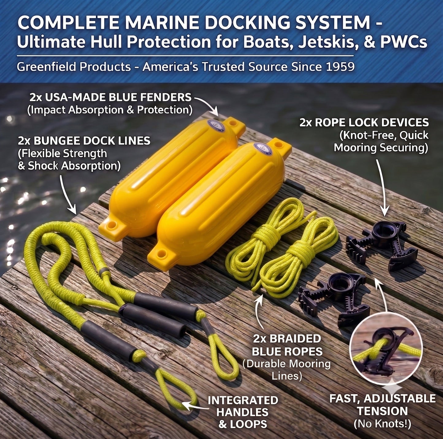 Greenfield Boat Fender Dock Kit 2-Pack with Bungee Dock Lines and Rope Locks