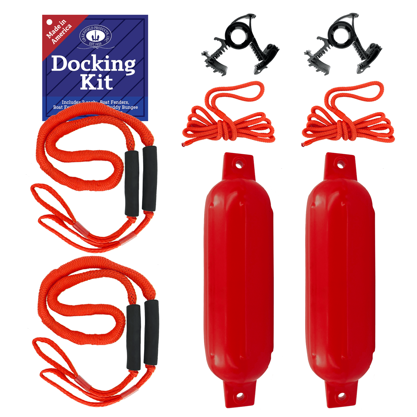 Greenfield Boat Fender Dock Kit 2-Pack with Bungee Dock Lines and Rope Locks - Red