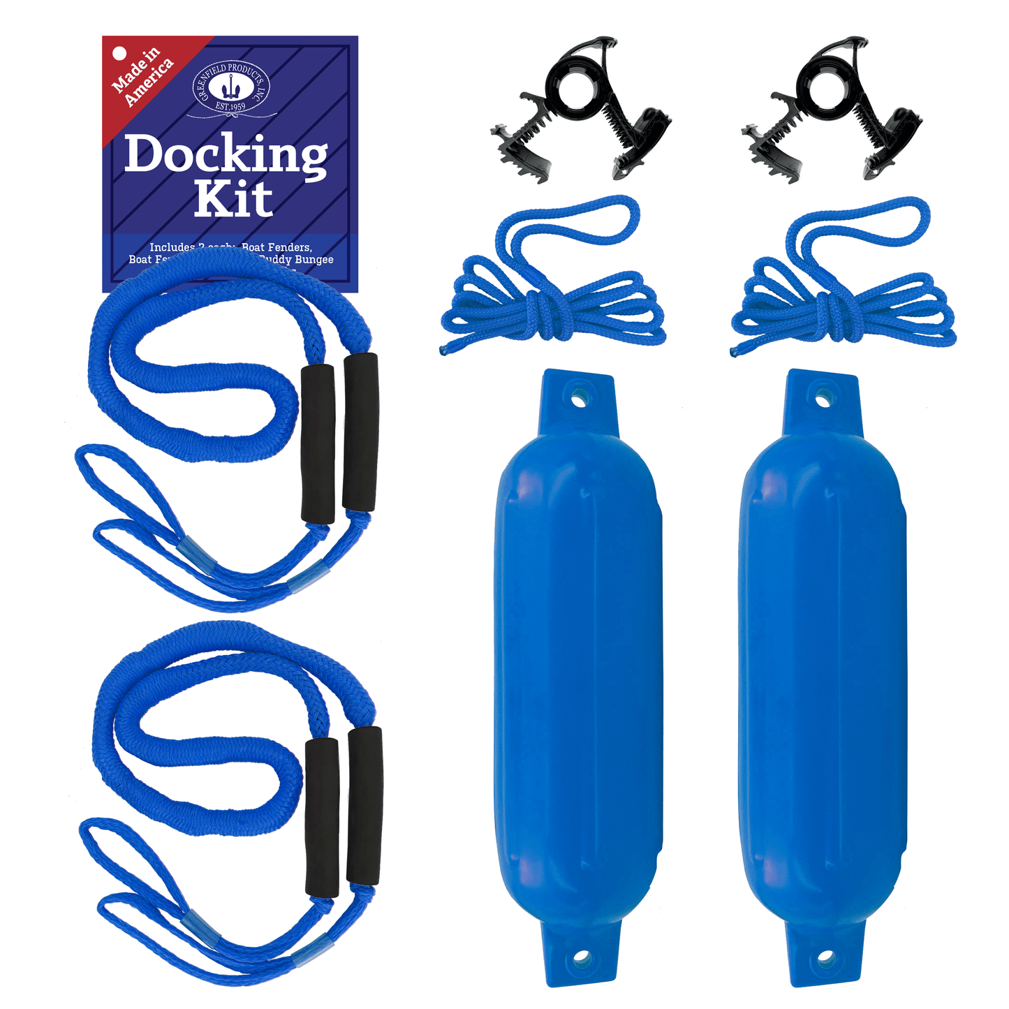 Greenfield Boat Fender Dock Kit 2-Pack with Bungee Dock Lines and Rope Locks - Royal Blue