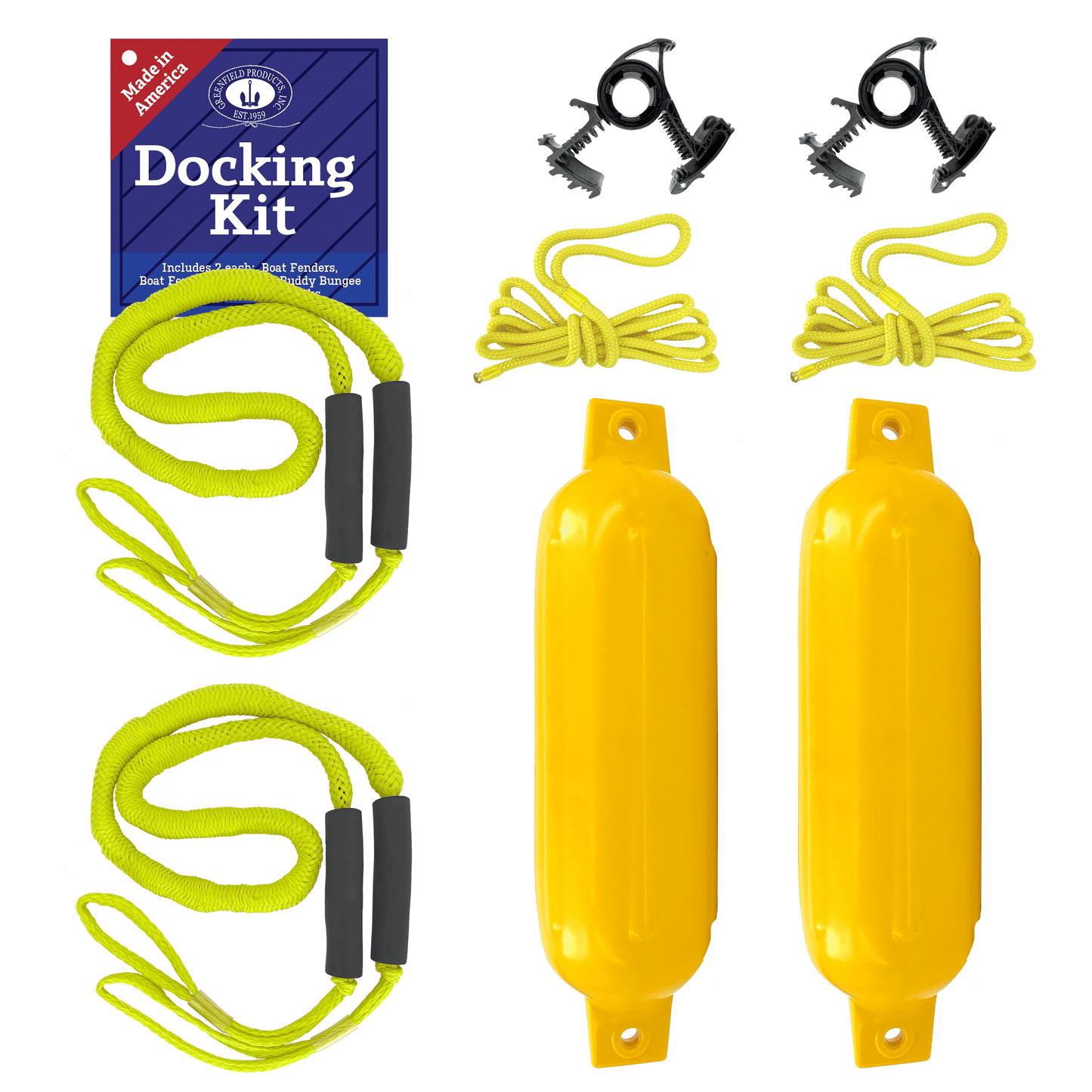 Greenfield Boat Fender Dock Kit 2-Pack with Bungee Dock Lines and Rope Locks - Yellow