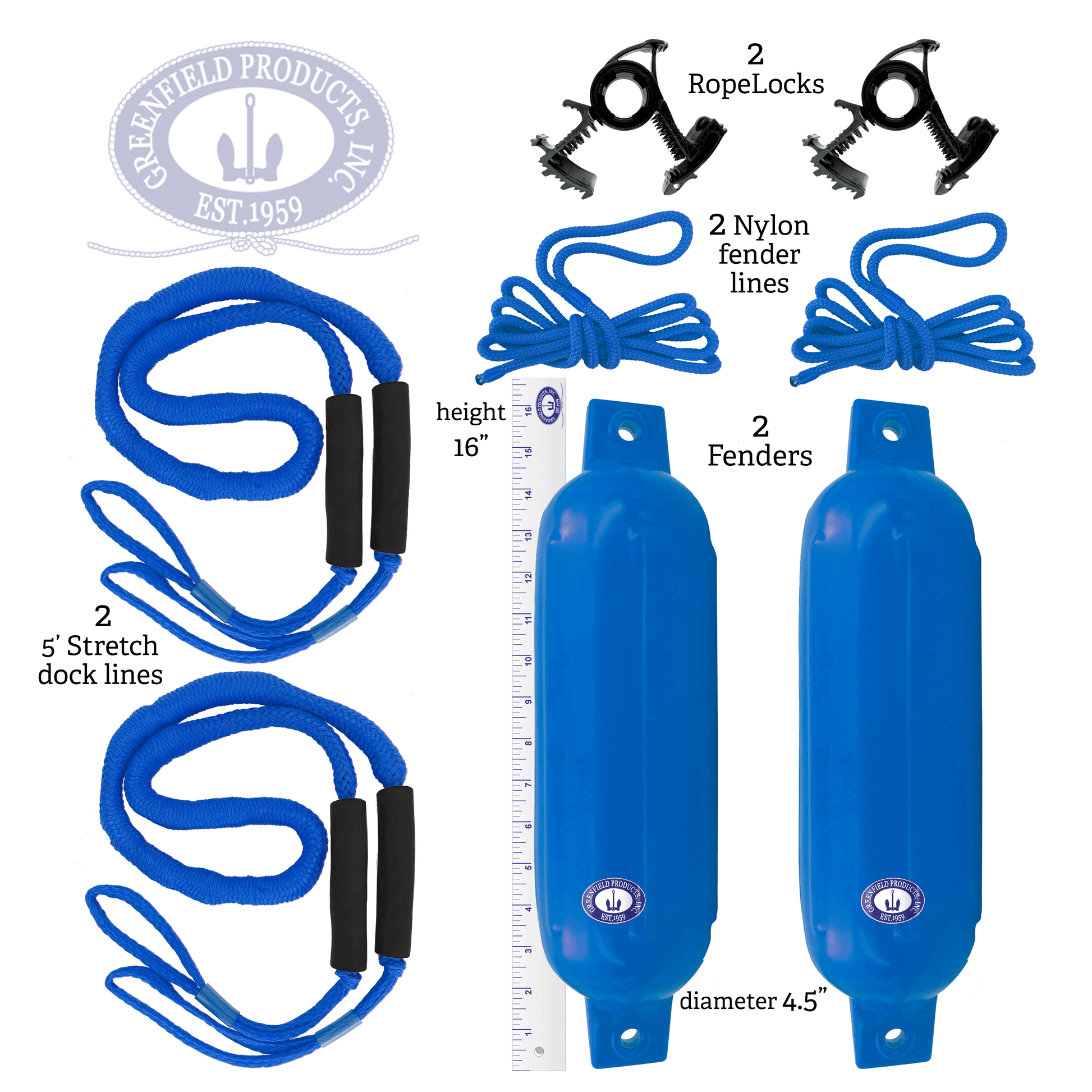 Greenfield boat fender dock kit: two ribbed PVC boat fenders, two nylon fender lines, two Dock Buddy bungee dock lines with foam grips, and two black Rope Lock clamps.