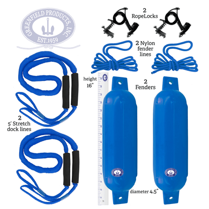Greenfield Dock Kit contents and fender dimensions - 4.5 in - Royal Blue