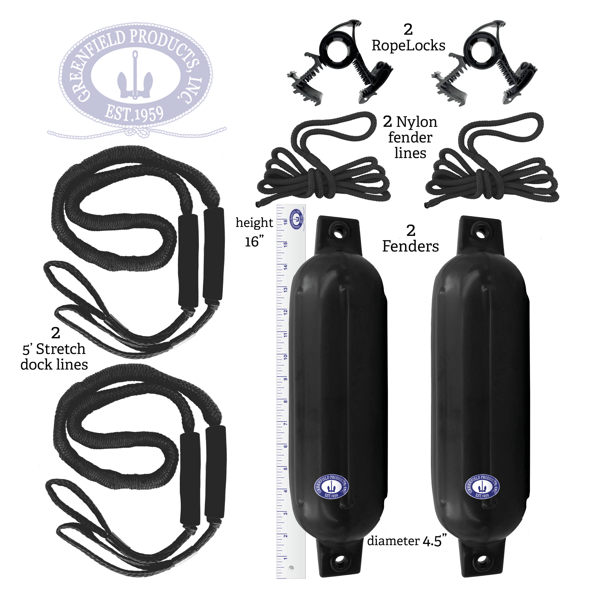 Greenfield boat fender dock kit: two ribbed PVC boat fenders, two nylon fender lines, two Dock Buddy bungee dock lines with foam grips, and two black Rope Lock clamps.