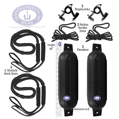 Greenfield Dock Kit contents and fender dimensions - 4.5 in - Black