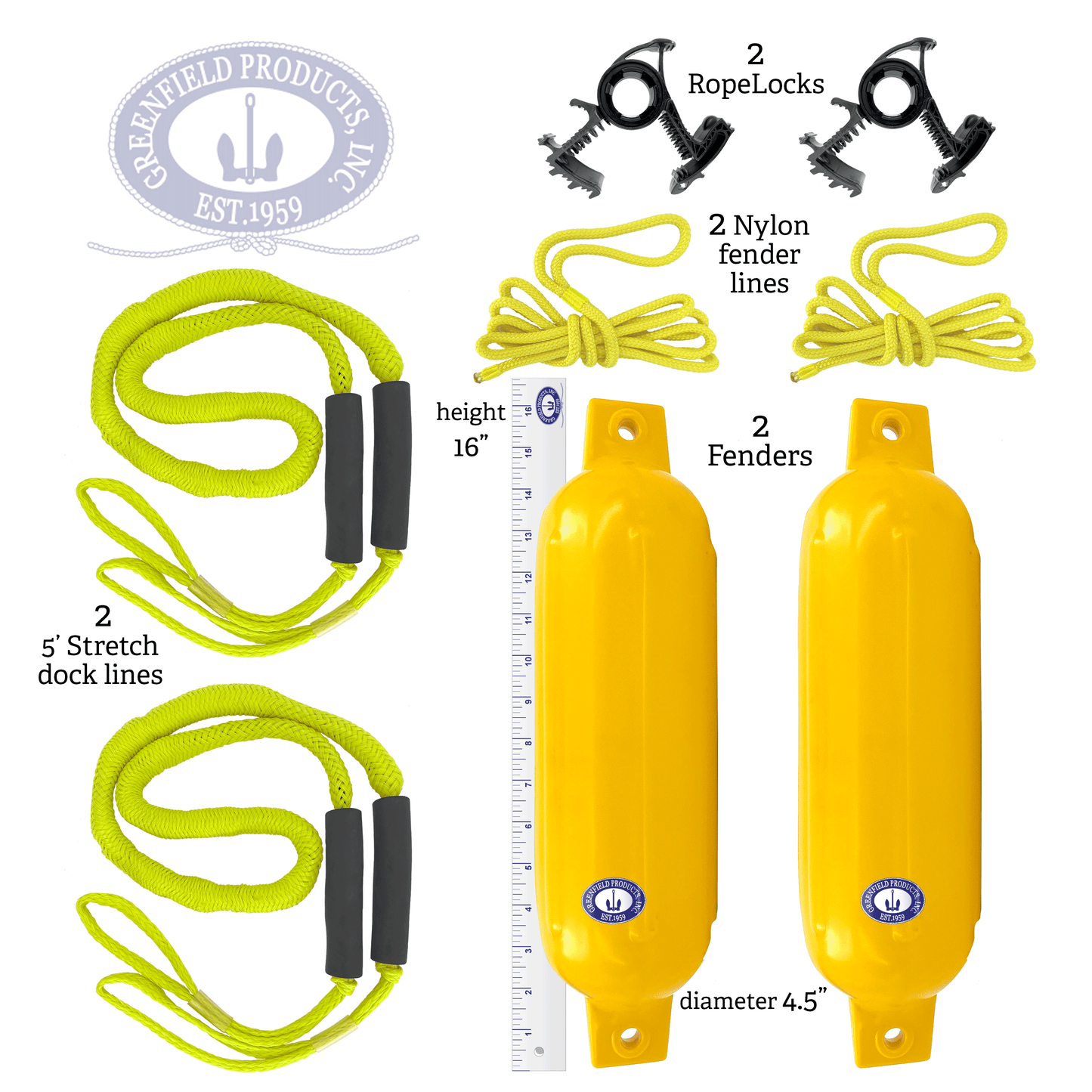 Greenfield Dock Kit contents and fender dimensions - 4.5 in - Yellow